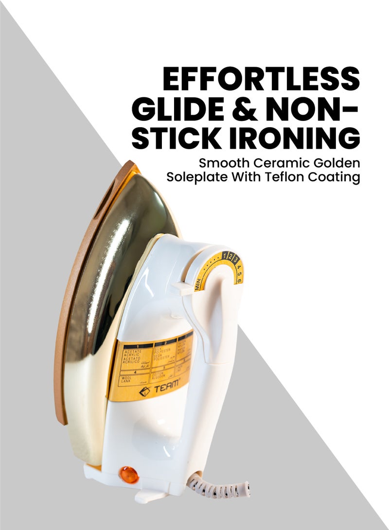 Team Heavy Duty Dry Iron with Ceramic Golden Soleplate, Adjustable Temperature Control, Auto Cut-Off & Overheat Protection – 1000-1200W - Image 3